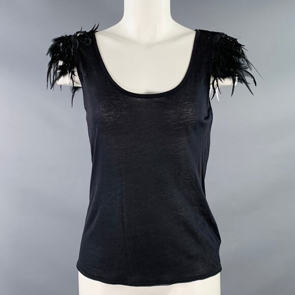 VINTAGE Size S Black Cotton Blend Beaded Feathers Tank Casual Top - Picture 1 of 8